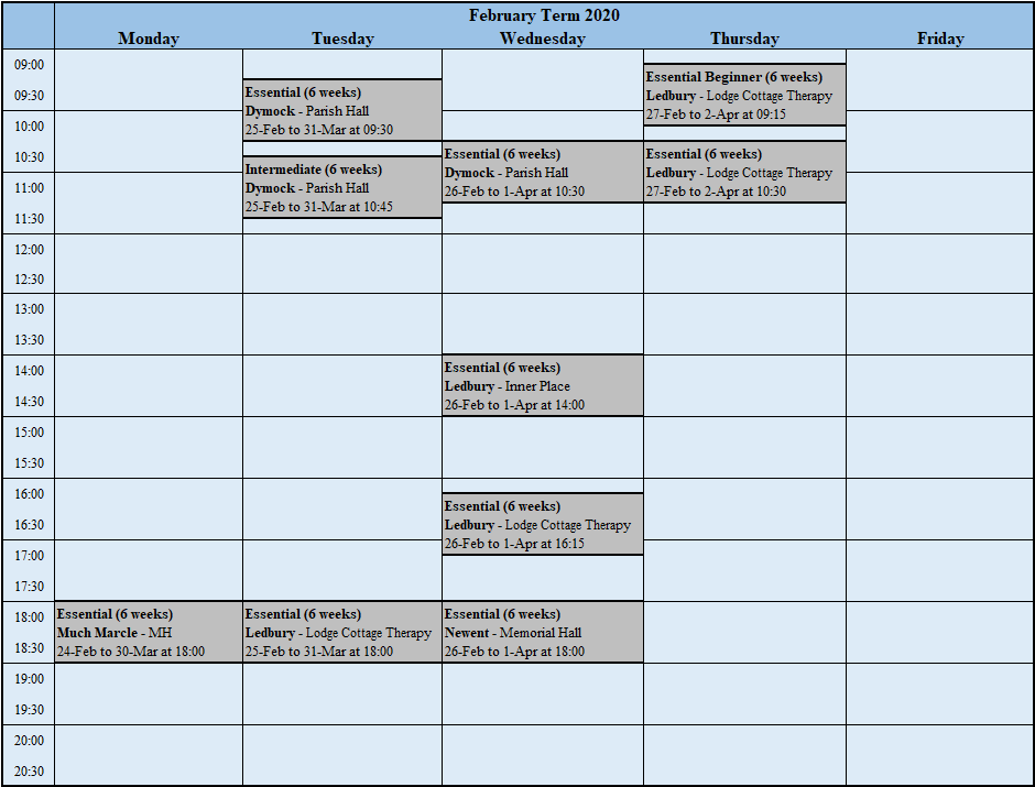 Pilates timetable for Ledbury, Newent, Dymock, Staunton and Much Marcle.